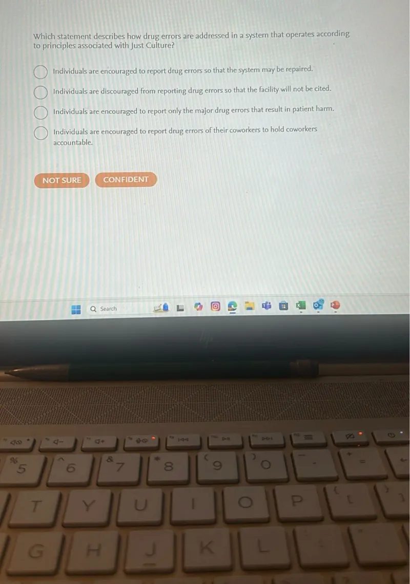 Which statement describes how drug errors are addressed in a system that operates according to principles associated with Just Culture? Individuals are encouraged to report drug errors so that the system may be repaired. Individuals are discouraged from reporting drug errors so that the facility will not be cited. Individuals are encouraged to report only the major drug errors that result in patient harm. Individuals are encouraged to report drug errors of their coworkers to hold coworkers accountable.