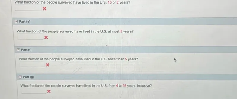 What fraction of the people surveyed have lived in the U.S. at most 5 years?
What fraction of the people surveyed have lived in the U.S. fewer than 5 years?
What fraction of the people surveyed have lived in the U.S. from 4 to 15 years, inclusive?