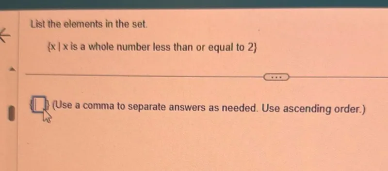 List the elements in the set.
x  x is a whole number less than or equal to 2
(Use a comma to separate answers as needed. Use ascending order.)