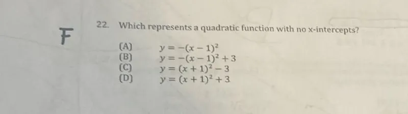 Which represents a quadratic function with no x-intercepts? (A) y=-(x-1)^2 (B) y=-(x-1)^2+3 (C) y=(x+1)^2-3 (D) y=(x+1)^2+3