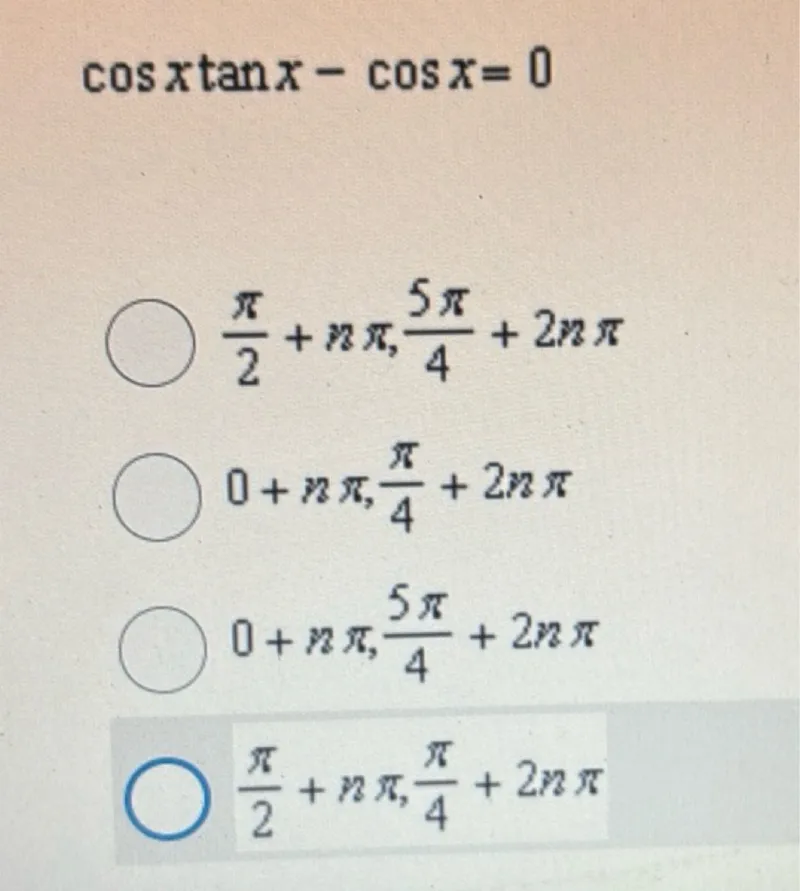 cos x tan x - cos x = 0
