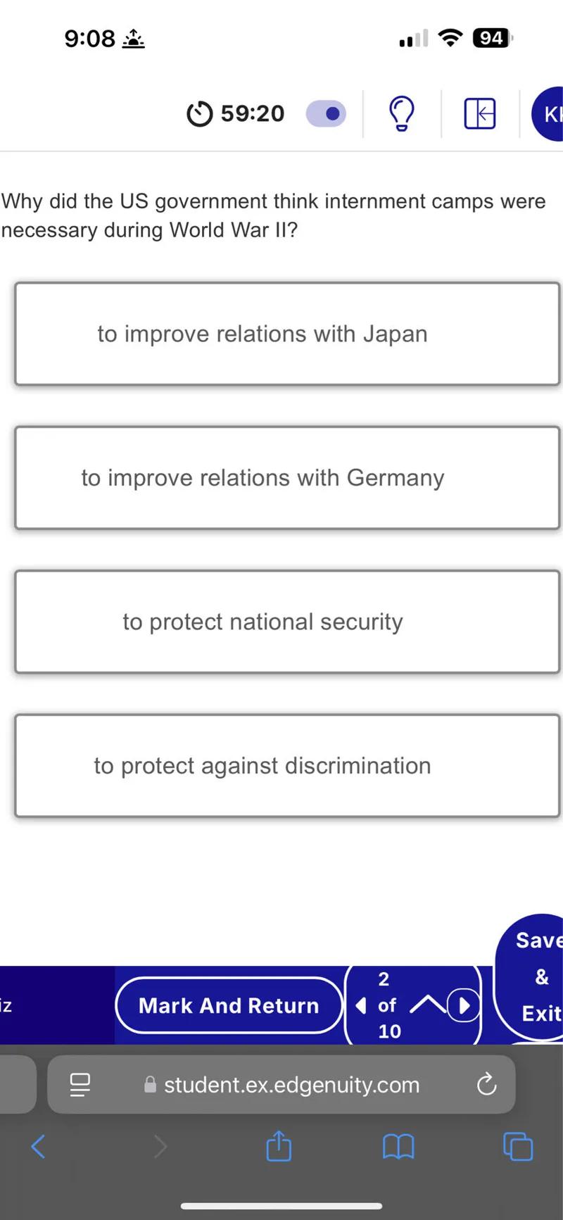 Why did the US government think internment camps were necessary during World War II?
to improve relations with Japan
to improve relations with Germany
to protect national security
to protect against discrimination