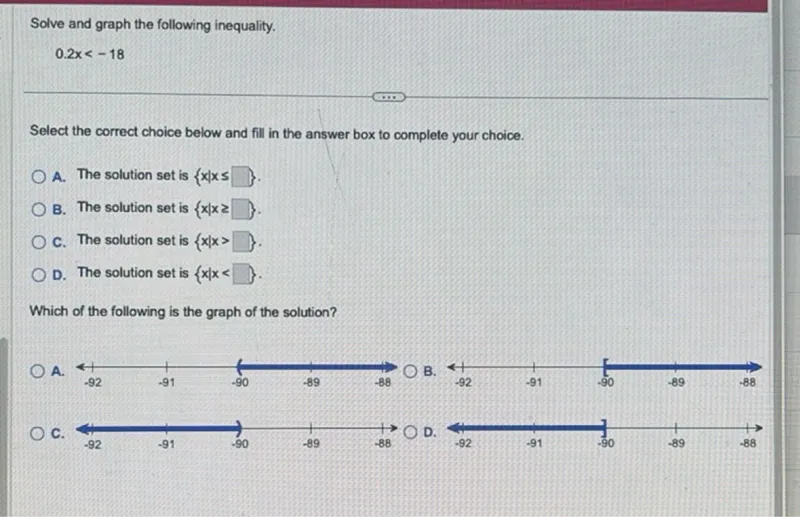 Solve and graph the following inequality.
0.2 x < -18

Select the correct choice below and fill in the answer box to complete your choice.
A. The solution set is x  x ≤ 3.
B. The solution set is x  x ≥ 
C. The solution set is xx>
D. The solution set is x  x< 

Which of the following is the graph of the solution?
A. B.
C. D.