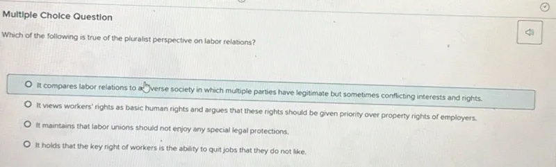 Multiple Cholce Question

Which of the following is true of the pluralist perspective on labor relations?
It compares labor relations to o verse society in which multiple parties have legitimate but sometimes conflicting interests and rights.
It views workers' rights as basic human rights and argues that these rights should be given priority over property rights of employers.
It maintains that labor unions should not enjoy any special legal protections.
It holds that the key right of workers is the ability to quit jobs that they do not like.