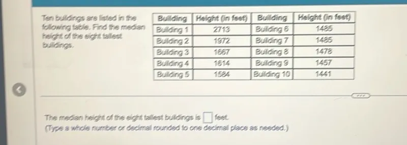 Ten buildings are listed in the following table. Find the median height of the eight tallest buildings.
Building 1: 2713 feet
Building 2: 1972 feet
Building 3: 1687 feet
Building 4: 1614 feet
Building 5: 1524 feet
Building 6: 1485 feet
Building 7: 1485 feet
Building 8: 1478 feet
Building 9: 1457 feet
Building 10: 1441 feet

The median height of the eight tallest buildings is  feet