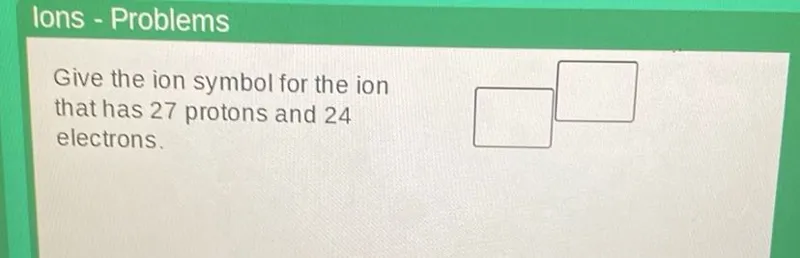 Ions - Problems
Give the ion symbol for the ion that has 27 protons and 24 electrons.