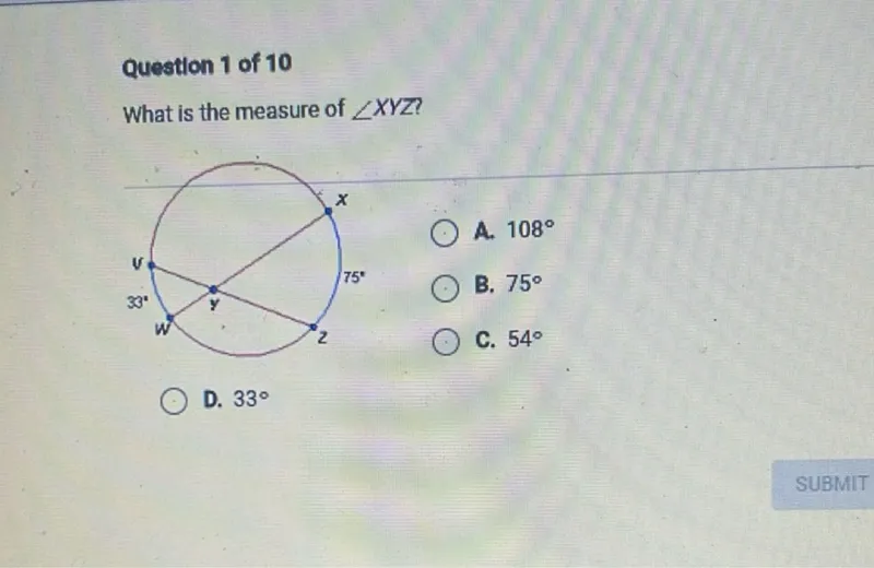 What is the measure of angle XYZ?
A. 108°
B. 75°
C. 54°
D. 33°