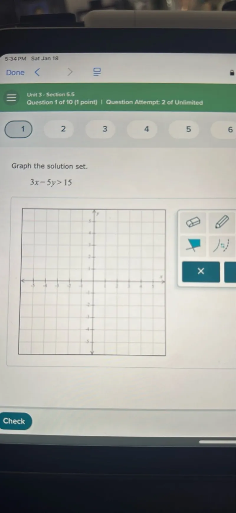 Graph the solution set.
3x - 5y > 15