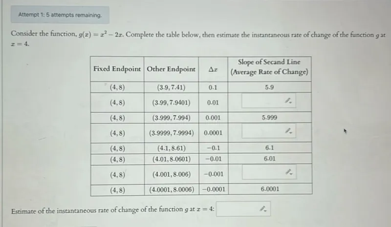 Attempt 1:5 attempts remaining.

Consider the function, g(x)=x^2-2x. Complete the table below, then estimate the instantaneous rate of change of the function g at x=4.

Fixed Endpoint  Other Endpoint  Δx  Slope of Secant Line (Average Rate of Change)
------------
(4,8)  (3.9,7.41)  0.1  5.9
(4,8)  (3.99,7.9401)  0.01  
(4,8)  (3.999,7.994)  0.001  5.999
(4,8)  (3.9999,7.9994)  0.0001  
(4,8)  (4.1,8.61)  -0.1  6.1
(4,8)  (4.01,8.0601)  -0.01  6.01
(4,8)  (4.001,8.006)  -0.001  
(4,8)  (4.0001,8.0006)  -0.0001  

Estimate of the instantaneous rate of change of the function g at x=4 :