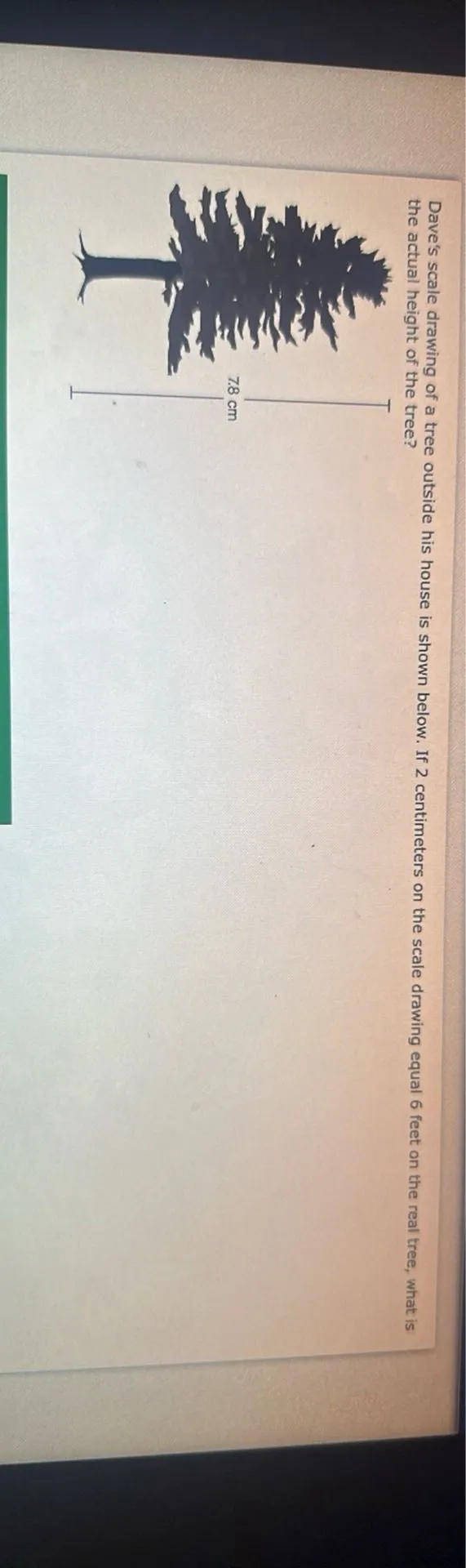  Dave's scale drawing of a tree outside his house is shown below. If 2 centimeters on the scale drawing equal 6 feet on the real tree, what is the actual height of the tree?

78 cm