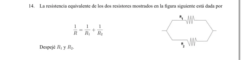 La resistencia equivalente de los dos resistores mostrados en la figura siguiente está dada por
1/R = 1/R1 + 1/R2