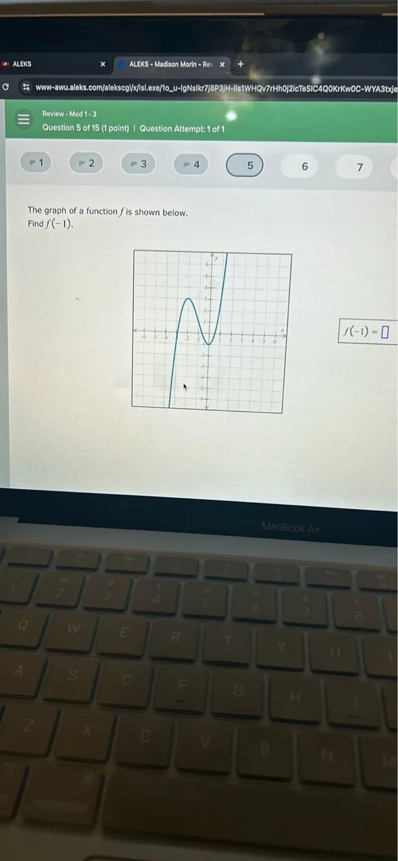 The graph of a function f is shown below. Find f(-1). f(-1)=