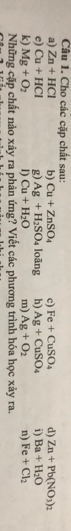 Câu 1. Cho các cặp chất sau:
a) Zn+HCl
b) Cu+ZnSO4
c) Fe+CuSO4
d) Zn+Pb(NO3)2
e) Cu+HCl
g) Ag+H2SO4 loãng
h) Ag+CuSO4
i) Ba+H2O
k) Mg+O2
1) Cu+H2O
m) Ag+O2
n) Fe+Cl2

Nhưng cặp chất nào xảy ra phản ứng? Viết các phương trình hóa học xảy ra.