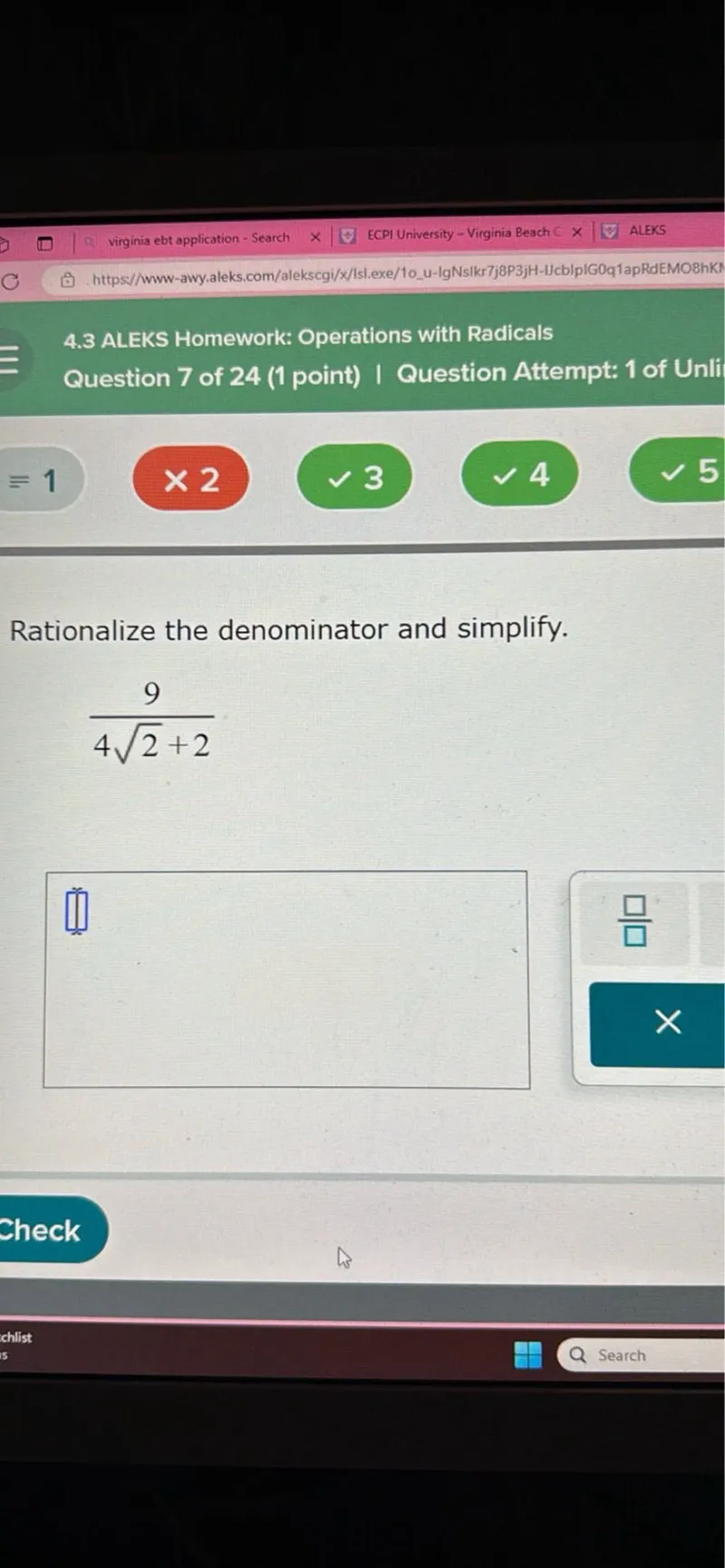 Rationalize the denominator and simplify.
9/(4√2+2)