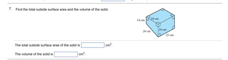 Find the total outside surface area and the volume of the solid.