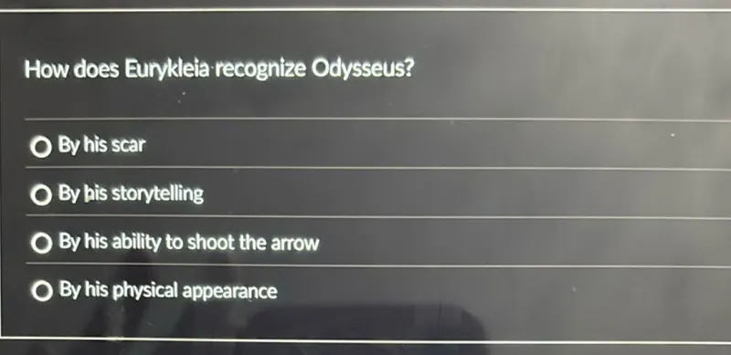 How does Eurykleia recognize Odysseus?
By his scar
By his storytelling
By his ability to shoot the arrow
By his physical appearance