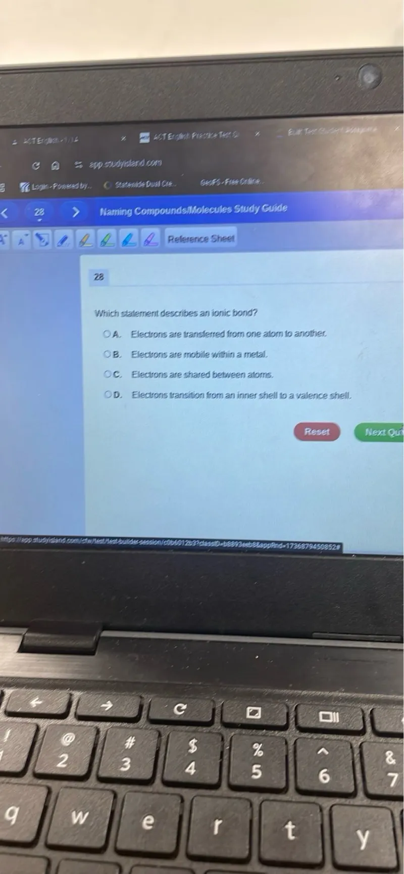 Which statement describes an ionic bond?
A. Electrons are transferred from one atom to another.
B. Electrons are mobile within a metal.
C. Electrons are shared between atoms.
D. Electrons transition from an inner shell to a valence shell.