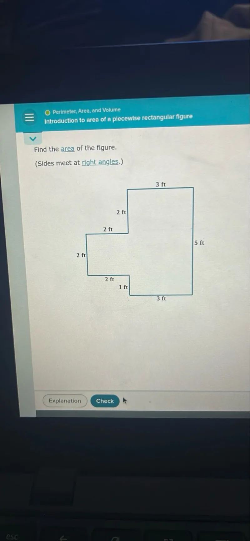 Introduction to area of a plecewise rectangular figure

Find the area of the figure.
(Sides meet at right angles.)