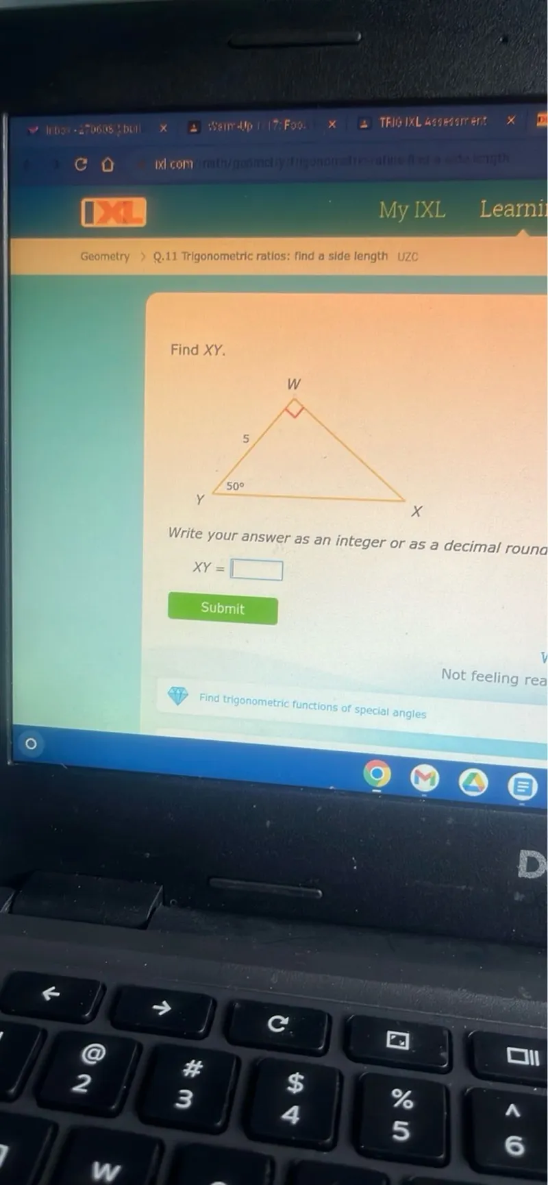 Geometry > Q. 11 Trigonometric ratios: find a side length UZC

Find XY.

Write your answer as an integer or as a decimal round

XY=