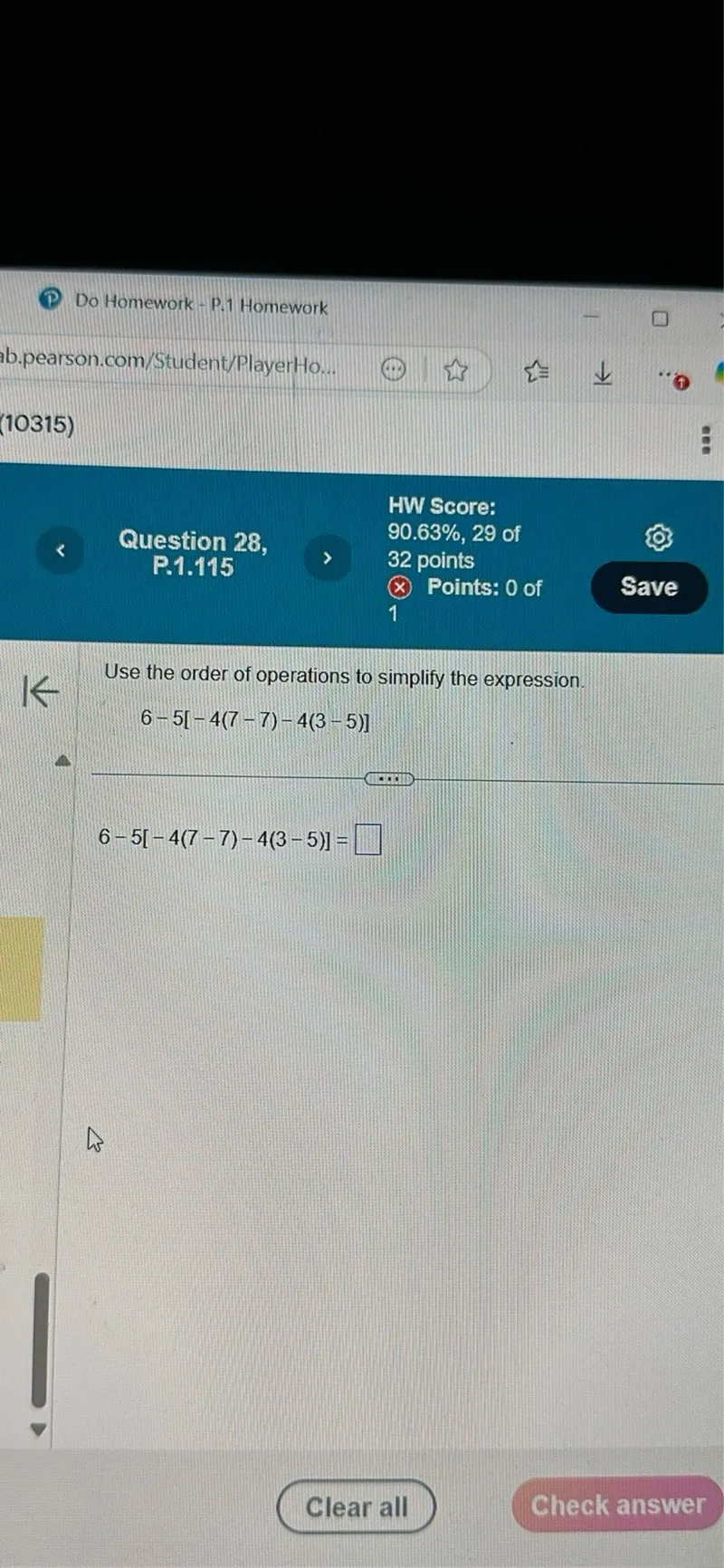 Use the order of operations to simplify the expression.
6-5[-4(7-7)-4(3-5)]
6-5[-4(7-7)-4(3-5)]=