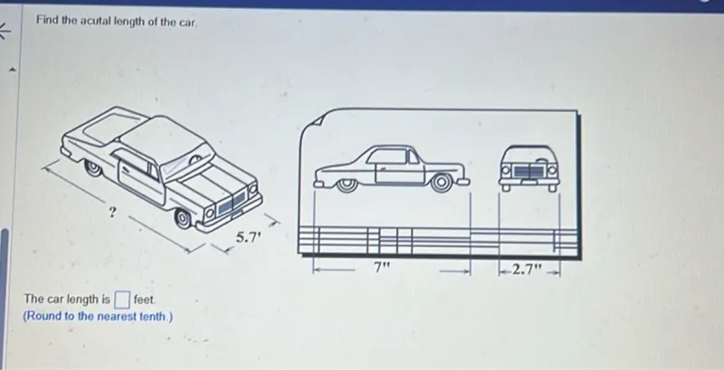 Find the actual length of the car.

The car length is □ feet. (Round to the nearest tenth.)