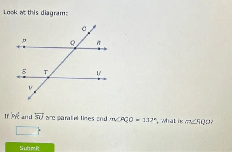 Look at this diagram:

If P R and S U are parallel lines and m angle P Q O=132°, what is m angle R Q O?