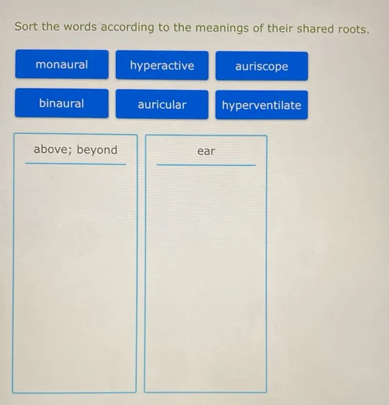 Sort the words according to the meanings of their shared roots.
monaural
hyperactive
auriscope
binaural
auricular
hyperventilate
above; beyond
ear