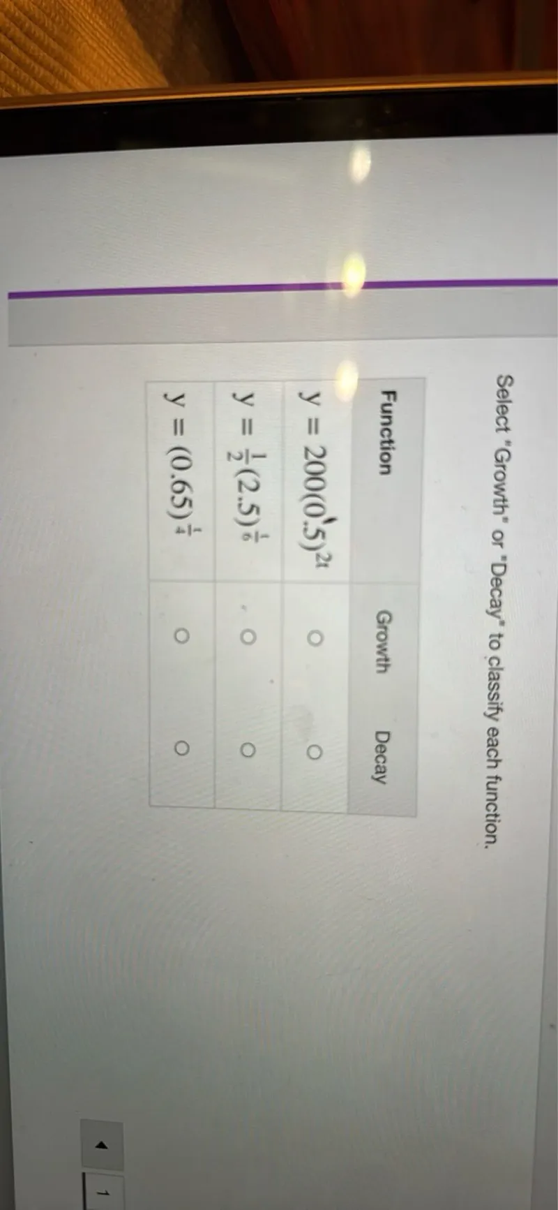Select "Growth" or "Decay" to classify each function.
Function  Growth
y=200(0.5)^2 t  0
y=1/2(2.5)^(1/6)  0
y=(0.65)^(1/4)  0