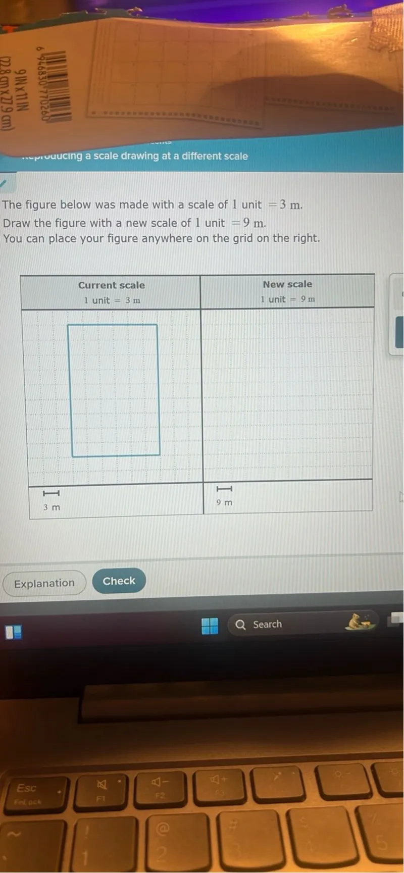 The figure below was made with a scale of 1 unit = 3 m. Draw the figure with a new scale of 1 unit = 9 m. You can place your figure anywhere on the grid on the right.