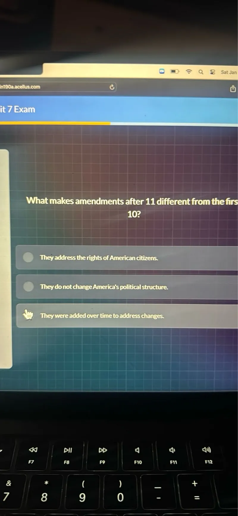 What makes amendments after 11 different from the first 10?
They address the rights of American citizens.
They do not change America's political structure.
They were added over time to address changes.