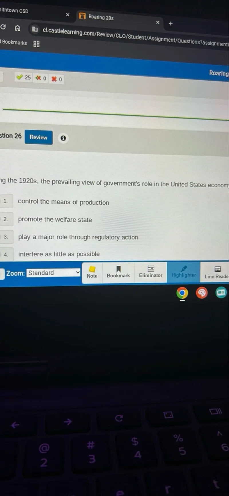 In the 1920s, the prevailing view of government's role in the United States economy was to:
1. control the means of production
2. promote the welfare state
3. play a major role through regulatory action
4. interfere as little as possible