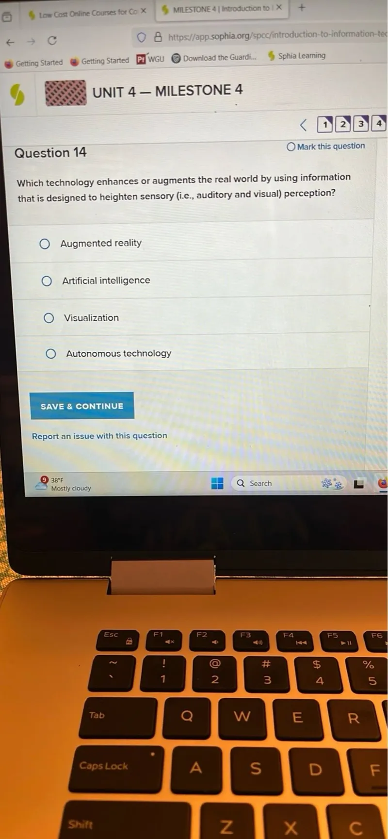 Which technology enhances or augments the real world by using information that is designed to heighten sensory (i.e., auditory and visual) perception?
Augmented reality
Artificial intelligence
Visualization
Autonomous technology