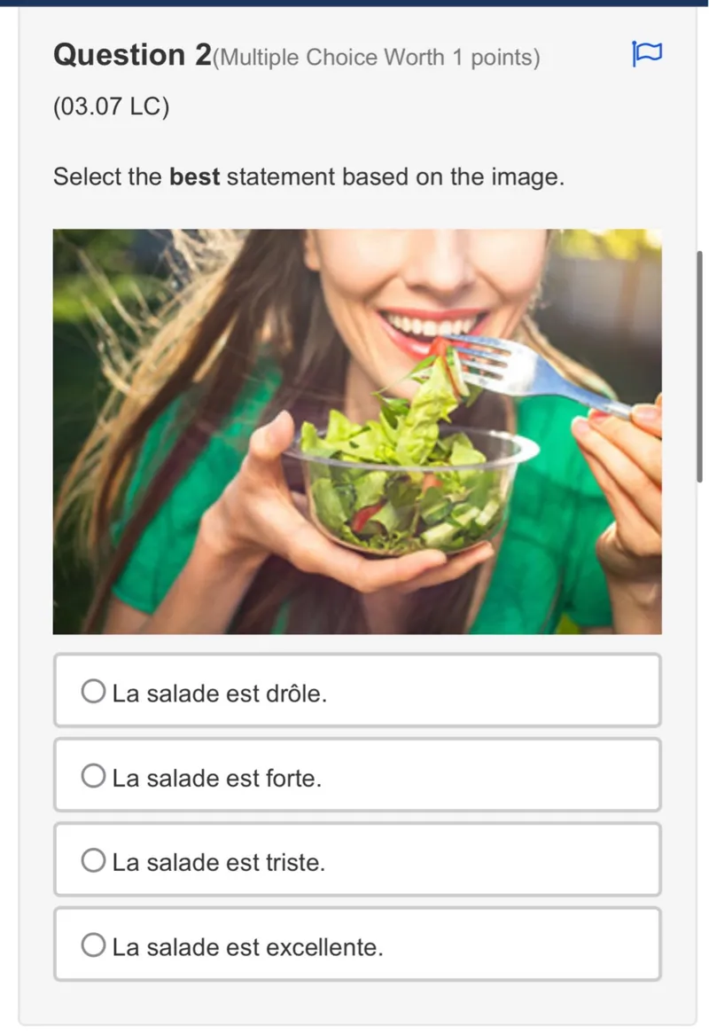 Select the best statement based on the image.
La salade est drôle.
La salade est forte.
La salade est triste.
La salade est excellente.