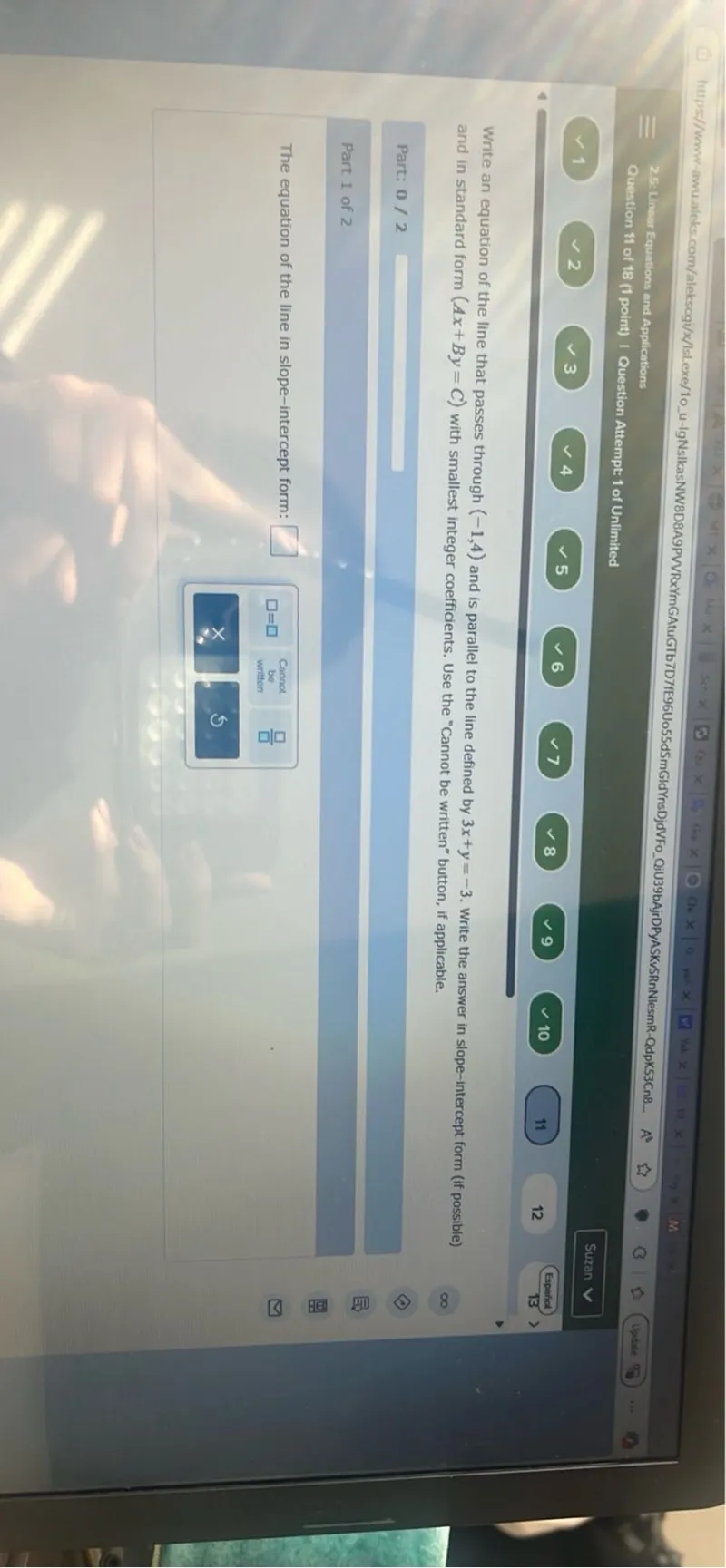 Write an equation of the line that passes through (-1,4) and is parallel to the line defined by 3x+y=-3. Write the answer in slope-intercept form (if possible) and in standard form (Ax+By=C) with smallest integer coefficients. Use the "Cannot be written" button, if applicable.