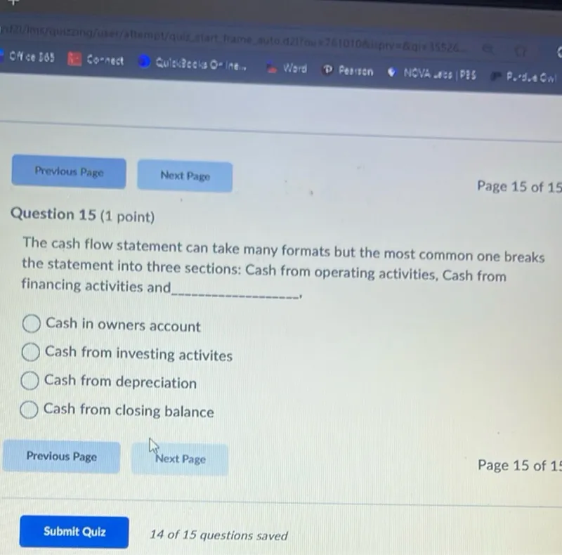 The cash flow statement can take many formats but the most common one breaks the statement into three sections: Cash from operating activities, Cash from financing activities and 
Cash from investing activites