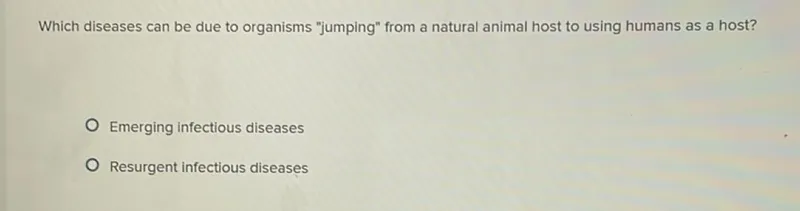 Which diseases can be due to organisms "jumping" from a natural animal host to using humans as a host?
Emerging infectious diseases
Resurgent infectious diseases