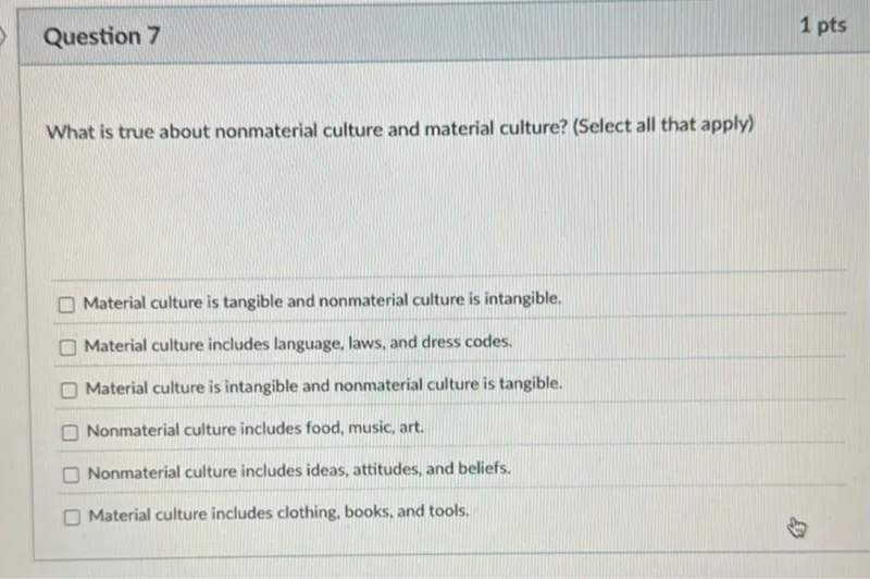 What is true about nonmaterial culture and material culture? (Select all that apply)
Material culture is tangible and nonmaterial culture is intangible.
Nonmaterial culture includes ideas, attitudes, and beliefs.
Material culture includes clothing, books, and tools.