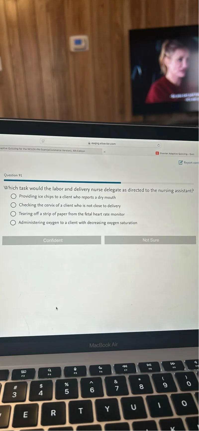 Which task would the labor and delivery nurse delegate as directed to the nursing assistant? Providing ice chips to a client who reports a dry mouth Checking the cervix of a client who is not close to delivery Tearing off a strip of paper from the fetal heart rate monitor Administering oxygen to a client with decreasing oxygen saturation