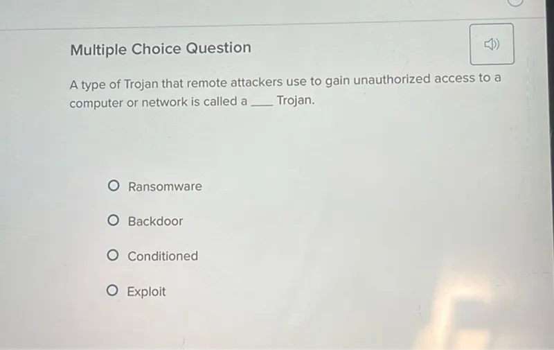 Multiple Choice Question A type of Trojan that remote attackers use to gain unauthorized access to a computer or network is called a Trojan. Ransomware Backdoor Conditioned Exploit