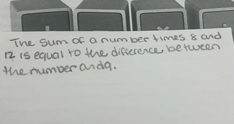 The sum of a number times 8 and 12 is equal to the difference between the number and 9