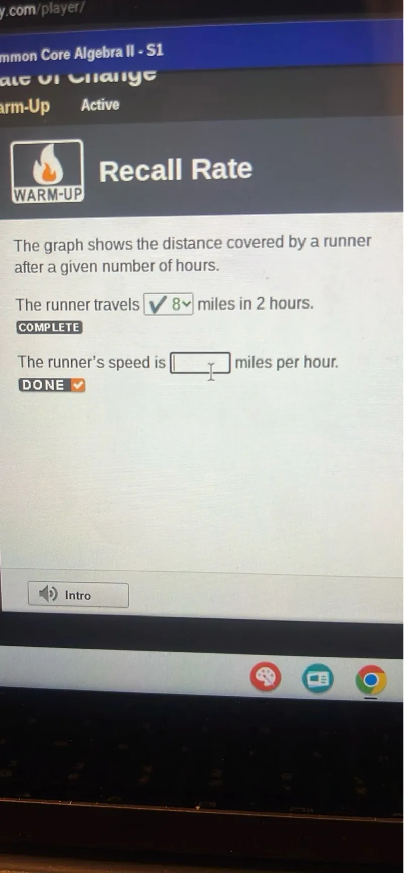 The graph shows the distance covered by a runner after a given number of hours.

The runner travels √8 miles in 2 hours.

The runner's speed is □ miles per hour.