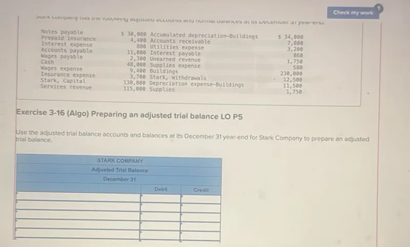 Exercise 3-16 (Algo) Preparing an adjusted trial balance LO P5

Use the adjusted trial balance accounts and balances at its December 31 year-end for Stark Company to prepare an adjusted trial balance.