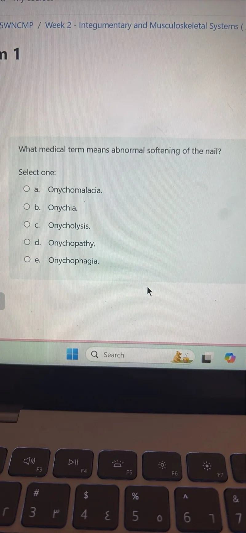 5WNCMP / Week 2 - Integumentary and Musculoskeletal Systems (

What medical term means abnormal softening of the nail?
Select one:
a. Onychomalacia.
b. Onychia.
c. Onycholysis.
d. Onychopathy.
e. Onychophagia.
Search