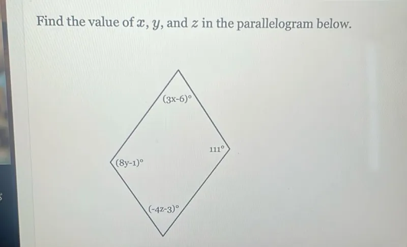 Find the value of x, y, and z in the parallelogram below.