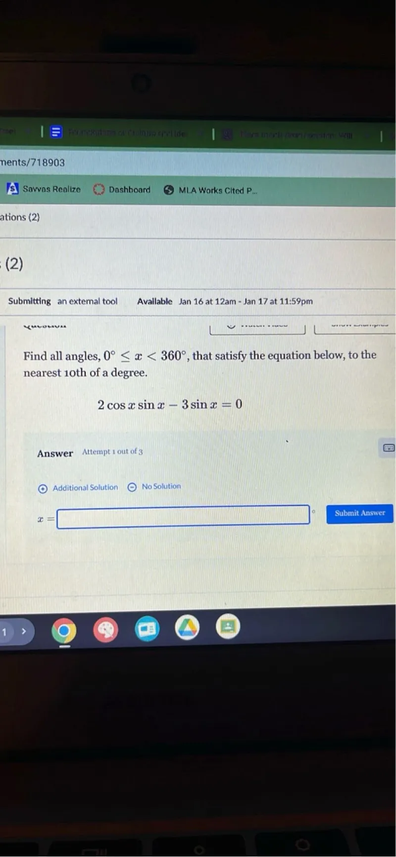 Find all angles, (0^circ leq x<360^circ), that satisfy the equation below, to the nearest 10th of a degree.
[2 cos x sin x-3 sin x=0]