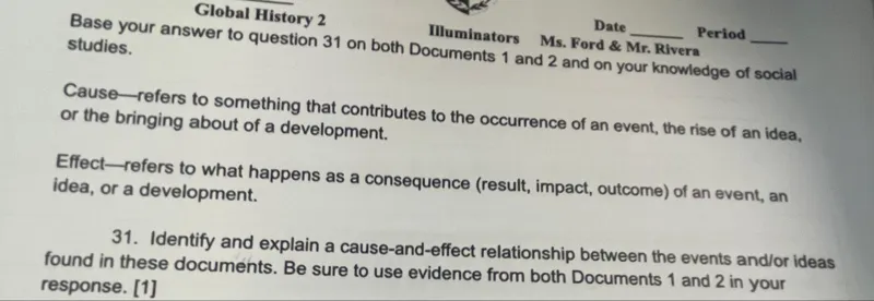 Identify and explain a cause-and-effect relationship between the events and/or ideas found in these documents. Be sure to use evidence from both Documents 1 and 2 in your response. [1]