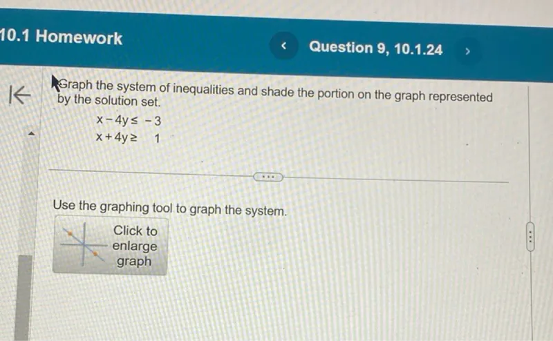 Graph the system of inequalities and shade the portion on the graph represented by the solution set.

x-4y ≤ -3
x+4y ≥