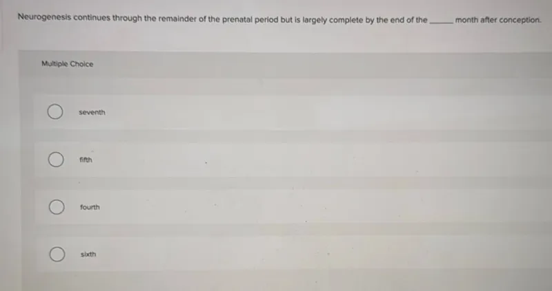 Neurogenesis continues through the remainder of the prenatal period but is largely complete by the end of the month after conception.

Multiple Choice
seventh
fifth
fourth
sixth