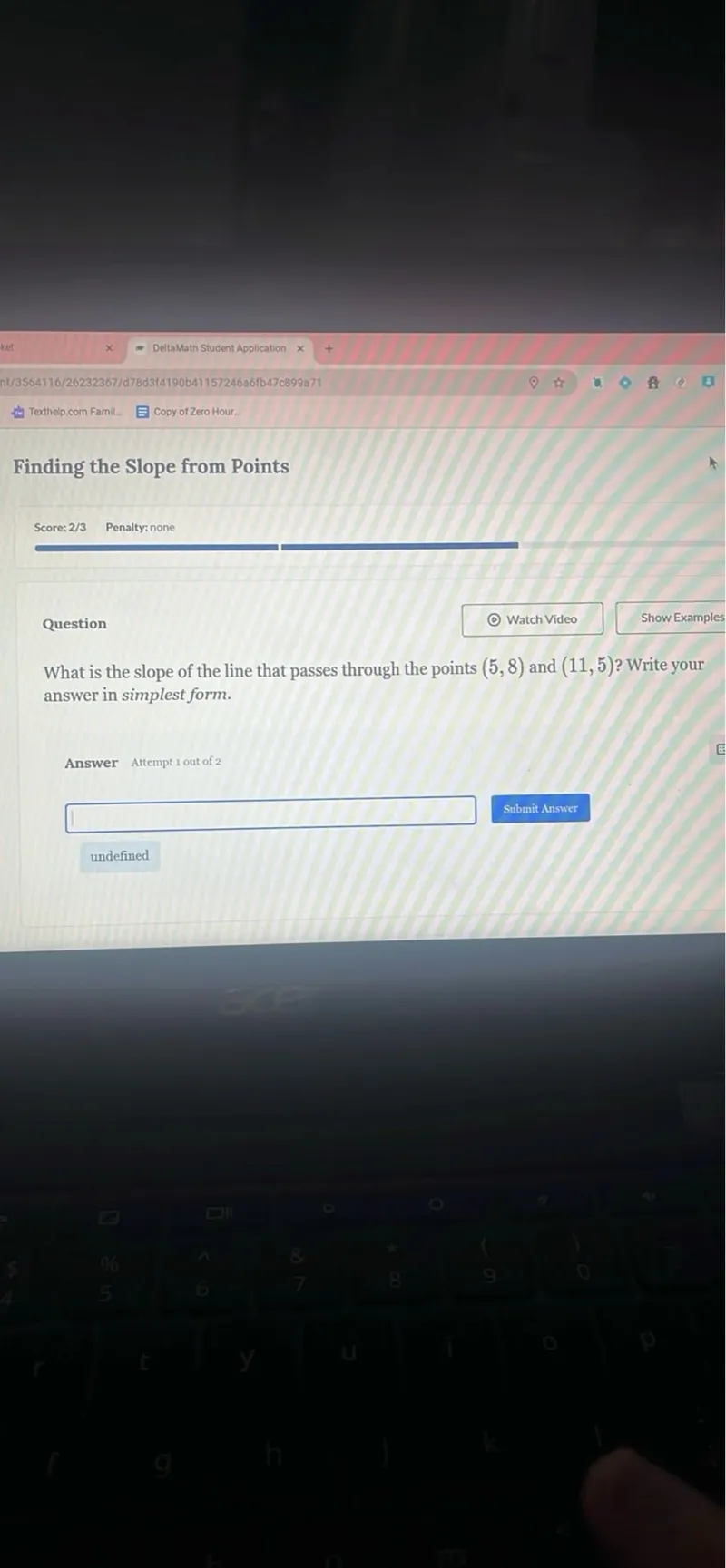 What is the slope of the line that passes through the points (5,8) and (11,5) ? Write your answer in simplest form.