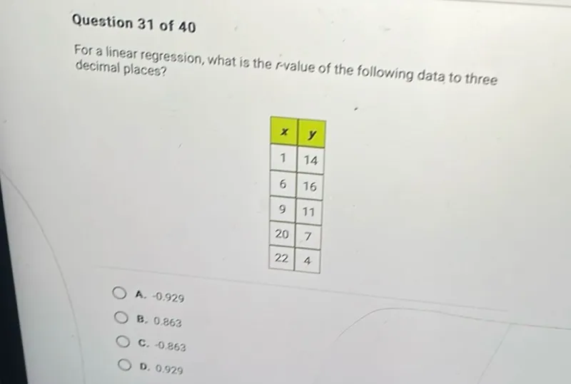 Question 31 of 40

For a linear regression, what is the r-value of the following data to three decimal places?

x  y
------
1  14
6  16
9  11
20  7
22  4

A. -0.929
B. 0.863
C. -0.863
D. 0.929